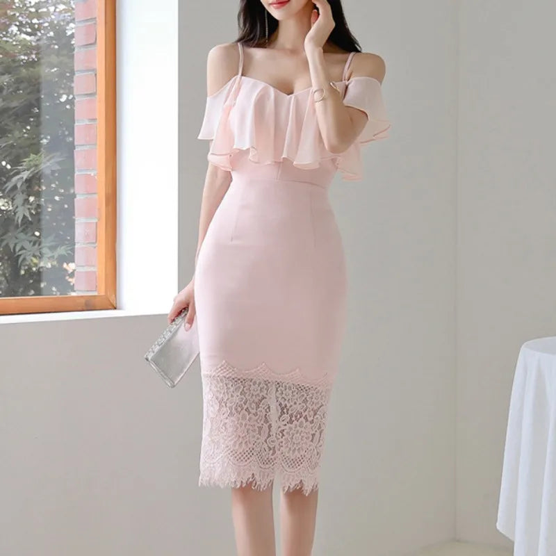 Babs Pink Dress for Women Slash Neck Korean Elegant Lace Patchwork Dress Bodycon Streetwear Ruffle Sleeve Party dress