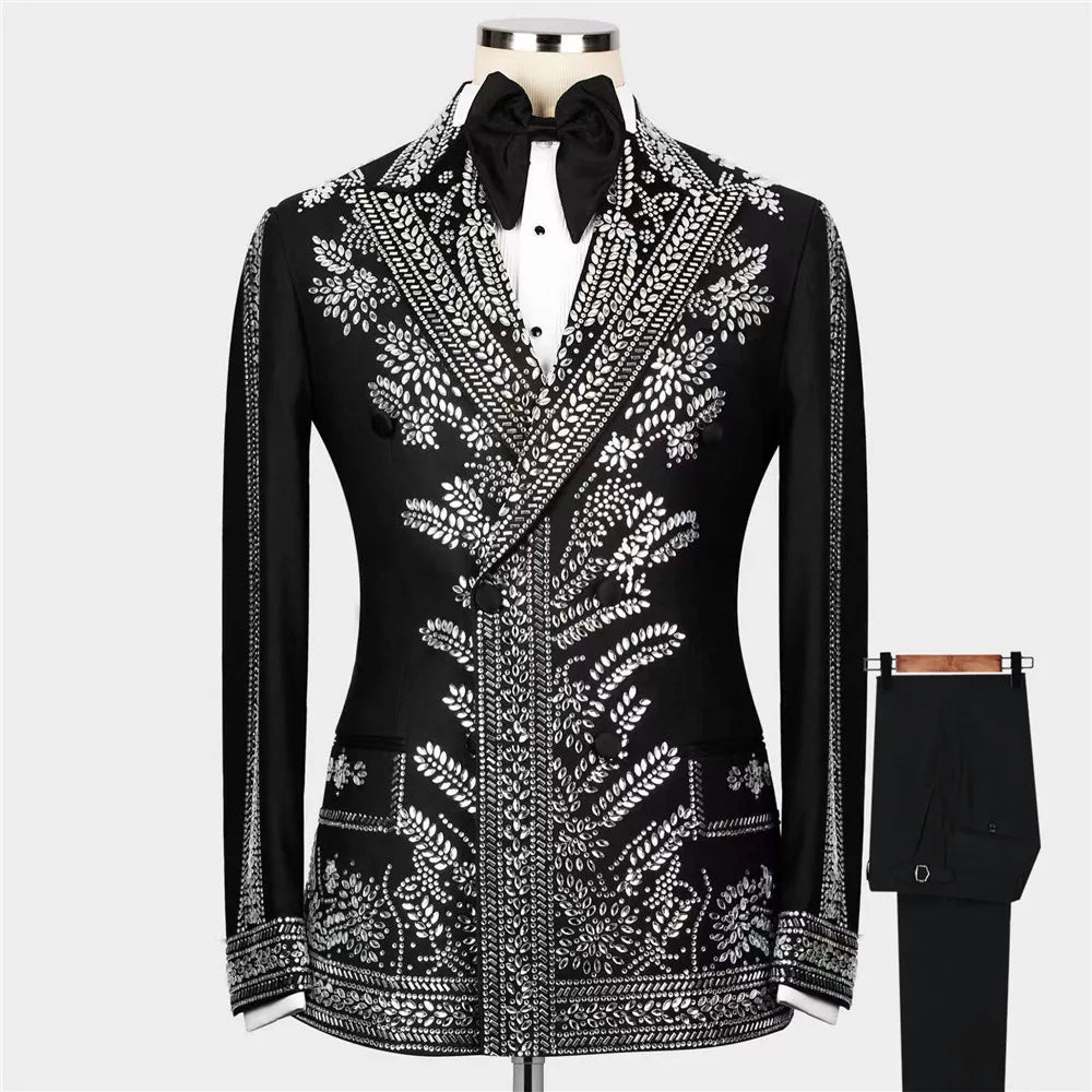 Maxy Exquisite Men Suits Heavy Glitter Beaded Handmade Wedding Groom Tuxedos 2 Pieces Male Banquet Prom Party Blazer Costume Homme