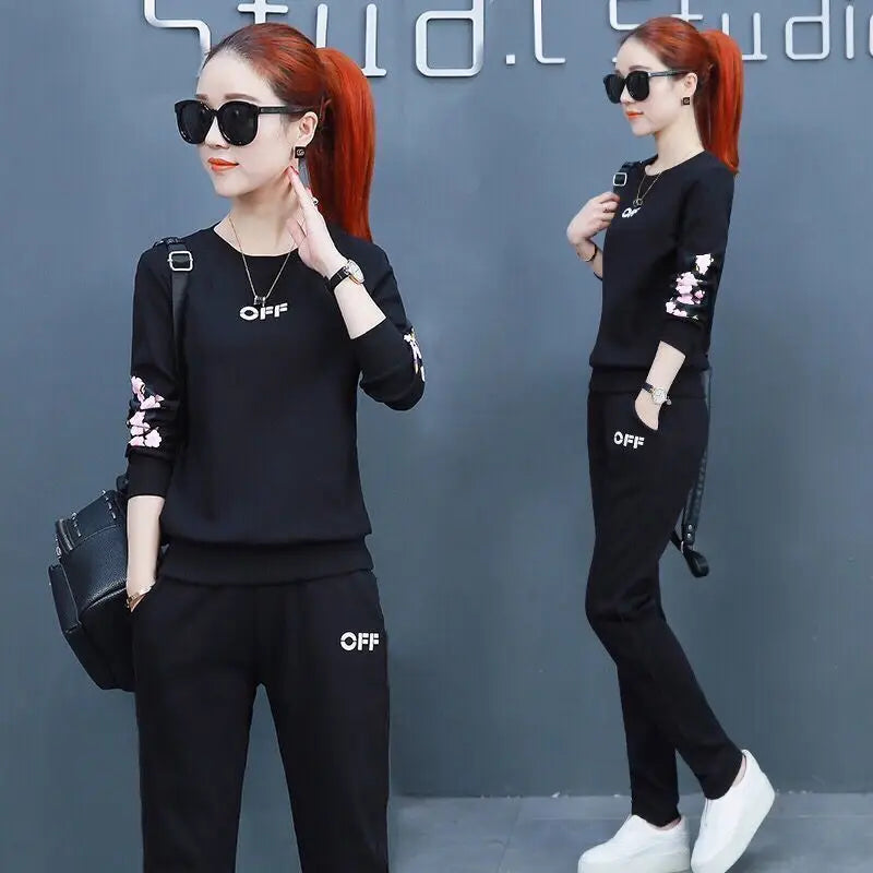 Maxy Summer New Daisy Loose Pants Suit Women's Track Korean Version Splicing Long Sleeved Top and Trousers Two Piece Set