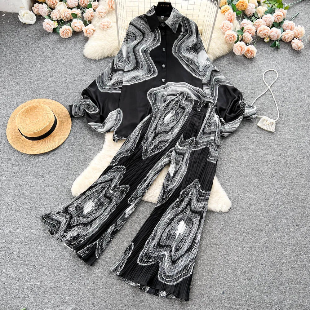 Maxy Fashion Elegant 2 Pieces Suit Women Design Sense Batwing Sleeve Shirt Tops + Loose Pleated Wide-leg Pants Female Clothes