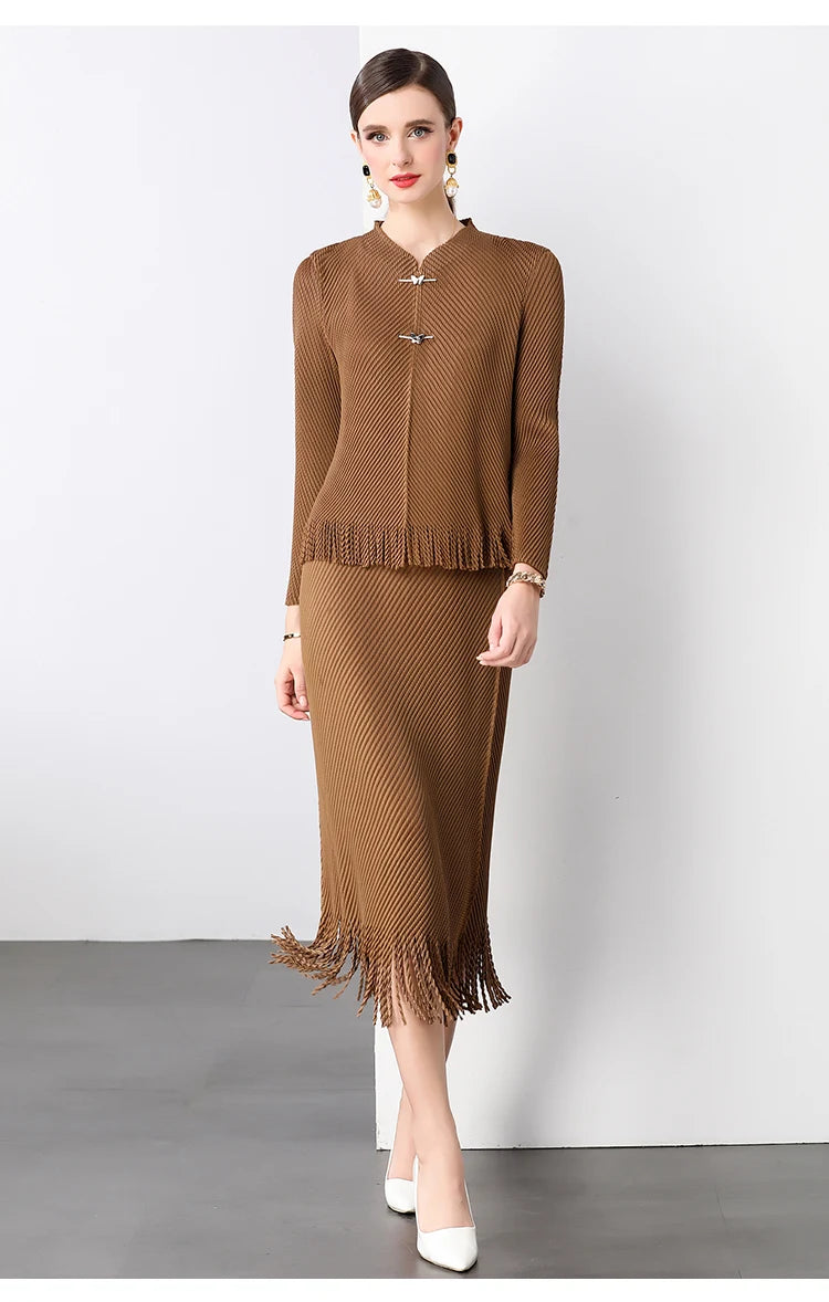 Maxy Miyake Pleated Tassel 2 Pieces Skirt Suit Women Long Sleeve Metal Butterfly Buttons High Stretch Tops + A-Line Midi Skirt Set