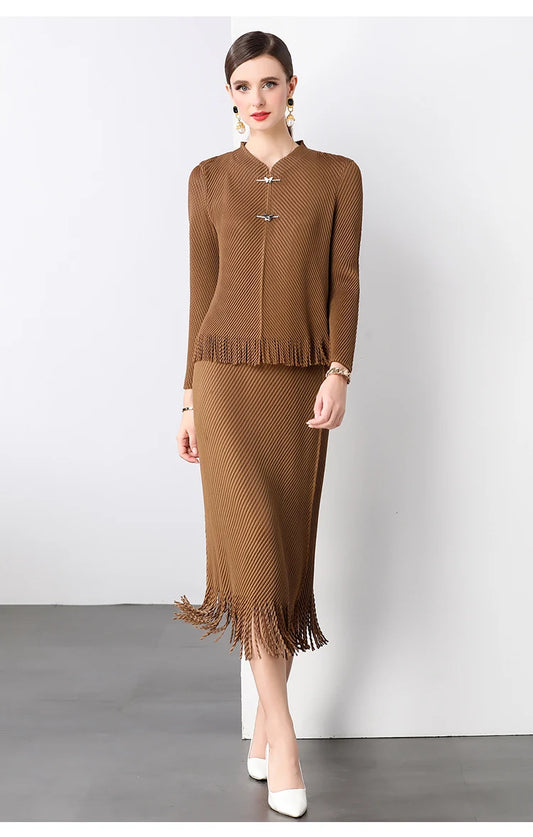 Maxy Miyake Pleated Tassel 2 Pieces Skirt Suit Women Long Sleeve Metal Butterfly Buttons High Stretch Tops + A-Line Midi Skirt Set