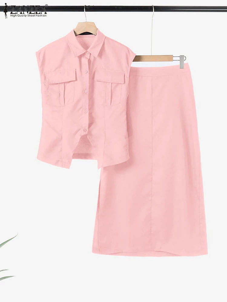 Maxy Short Sleeve Shirts Streetwear Suits Women Stylish Solid Color Side Slit Long Skirts 2pcs Outfits Chic Fashion Skirt Sets