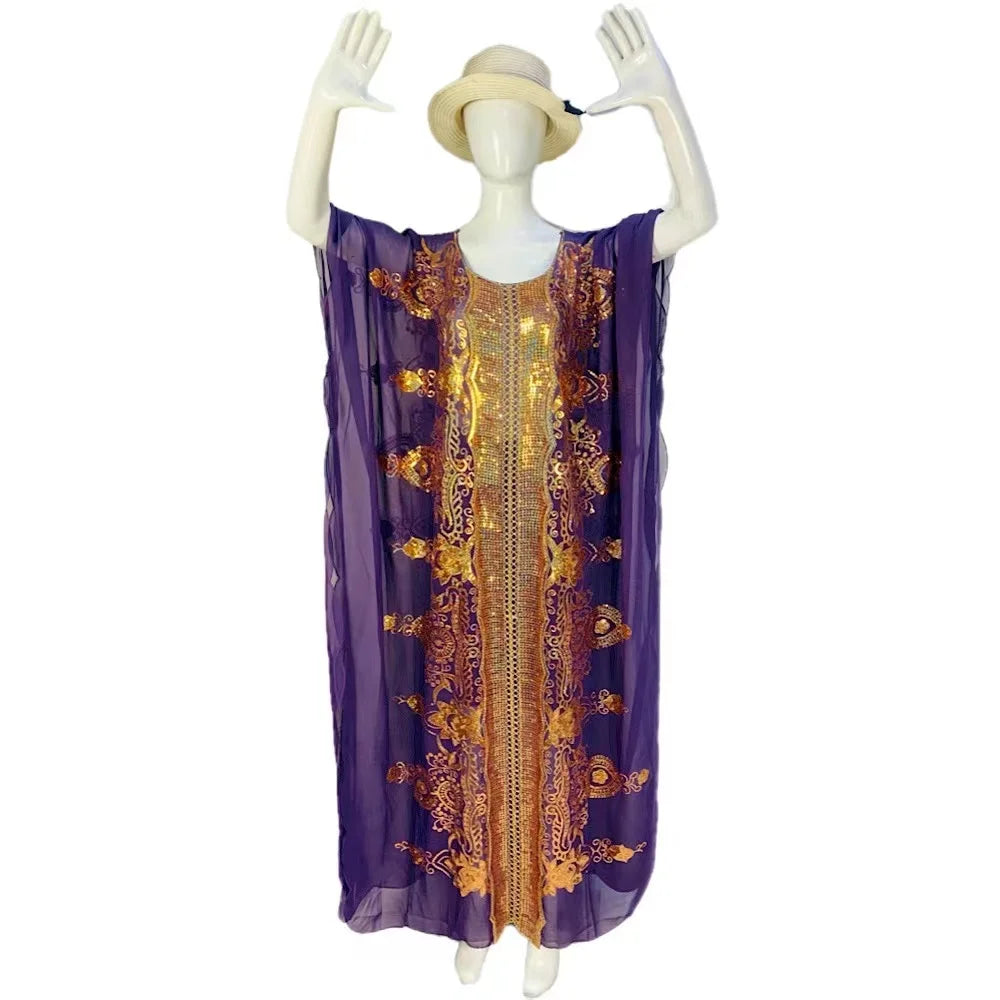 Maxy New Middle East Loose Large Size Dubai Chiffon Elegant Temperament Sequined  Spring Traditional Ethnic Style Dress
