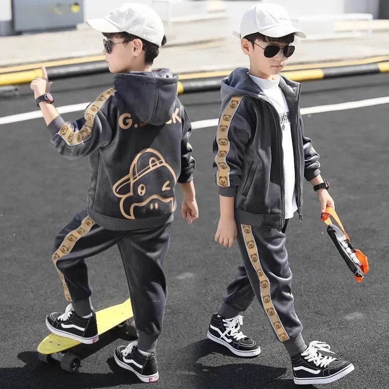 Maxy autumn winter Boy tracksuit Toddler Teenager warm Clothes velvet jacket zipper + Ankle-tied Pant Children set 8 10 12 year