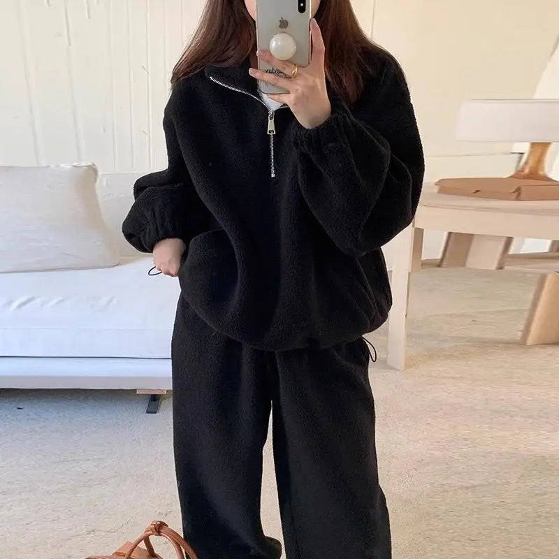 Maxy Korean Spring Autumn Retro Lamb Fleece Standing Neck Zipper Drawstring Sweater+Elastic Waist Strap Casual Pants Set