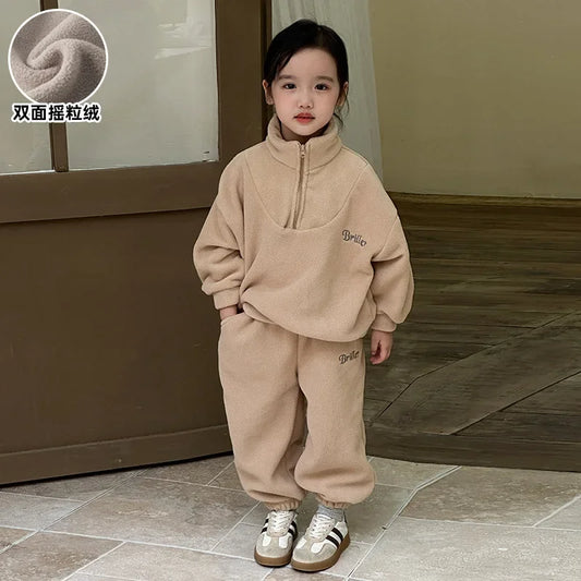 Maxy Autumn Winter Baby Kids Fleece Tracksuit Boys Girls Velvet Sweatshirt and Pants Two Piece Sets Children Sports Set