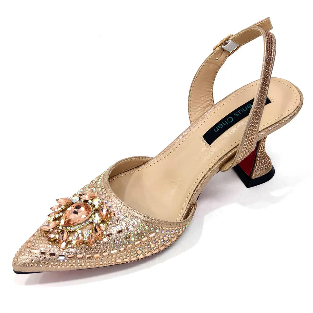 Maxy New Design Faux Champagne Texture Shoes and Bags Rhinestones Embellished Pointed Toe High Heels Fine Handbags