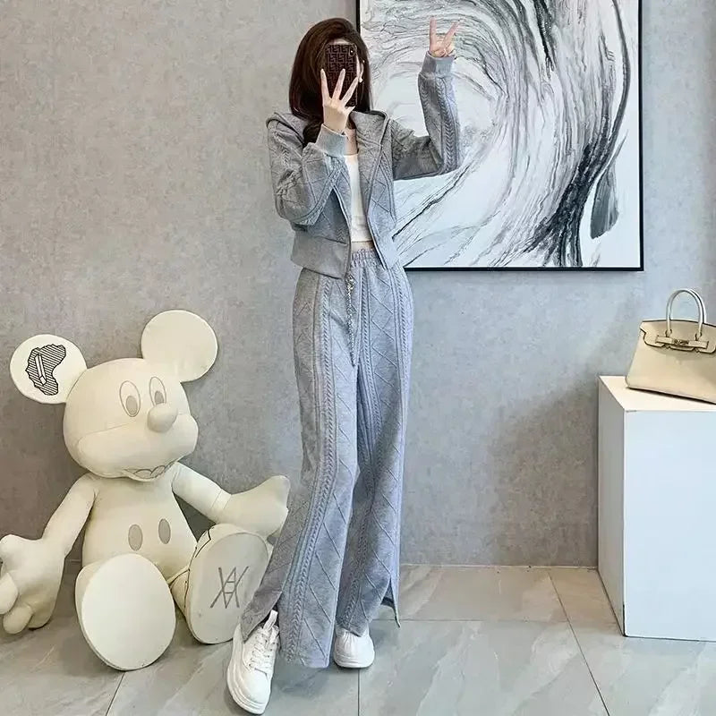 Maxy Pant Sets for Women 2 Pieces Autumn Winter Hooded Sweatshirt Tracksuit Trousers Woman Sport Wide Leg Korea Stylish Tailor Co Ord