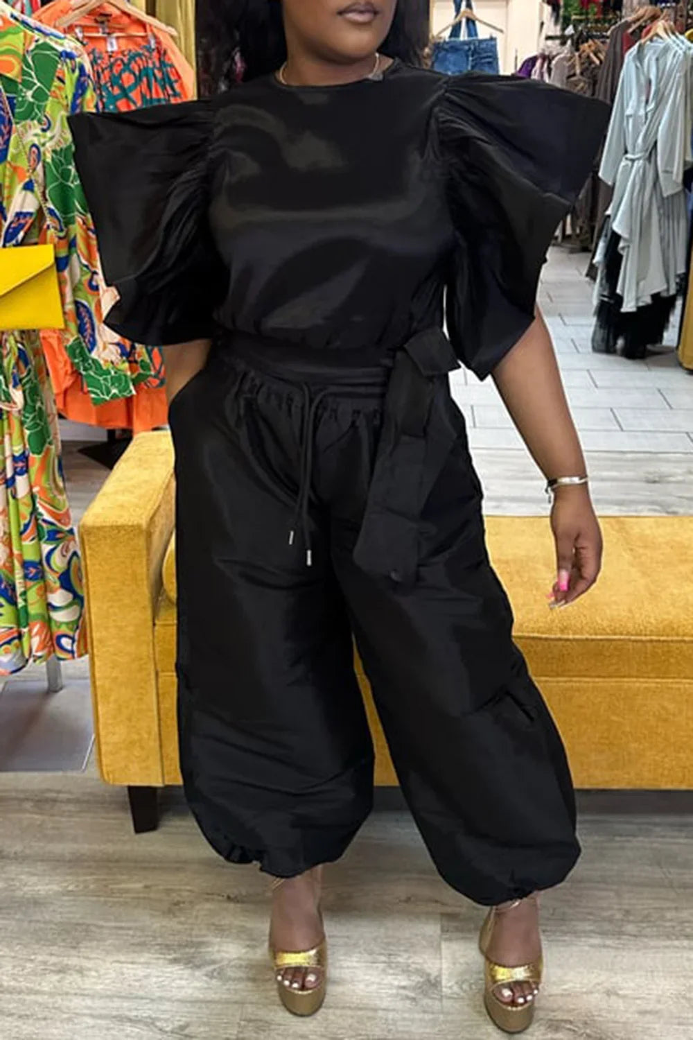 Maxy Women's Plus Size Matching Set Round Neck Flutter Sleeves Short Sleeve Tops and Loose Trousers Casual Two Pieces Sets for Summer