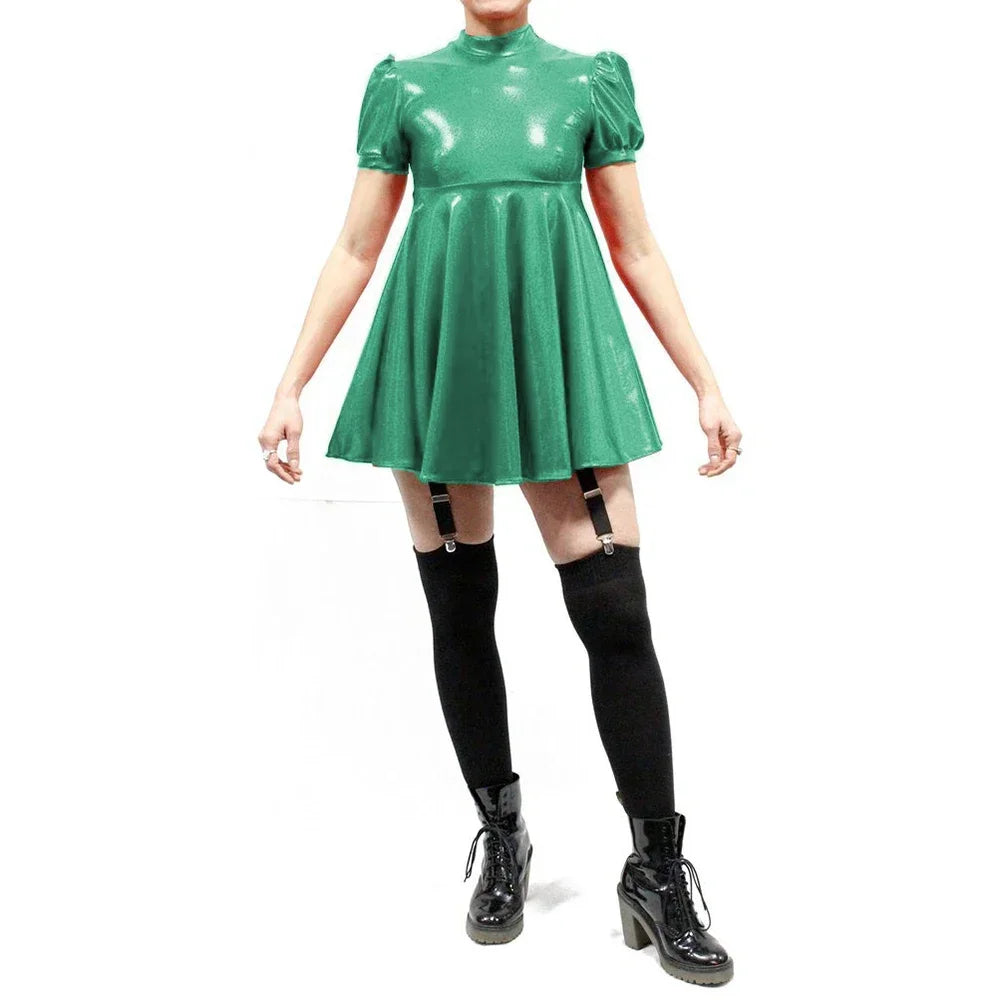 Maxy Plus Size Latex-look Mini Dresses Fashion Mock Neck Pleated A-Line Sissy Dress Rave Party Swing Short Dresses Male PVC Vestidos