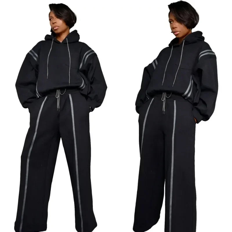 Maxy Active Ribbon Striped Women's Set Long Sleeve Hoodies +Jogger Pants 2024 Fall Winter Two 2 Piece Sets Outfits Tracksuit