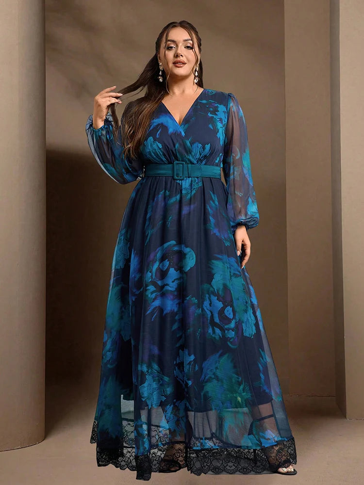 Maxy New Women's Casual Elegant Formal Party Long Dresses Plus Size Floral Print Lantern Sleeve Contrast Lace Dress