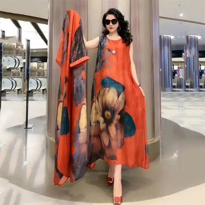 Maxy Middle Aged Mother Dress Suit Summer Casual Fashion Printing Two Piece Suits Long Dress Suits Women Temperament Dress Sets 729