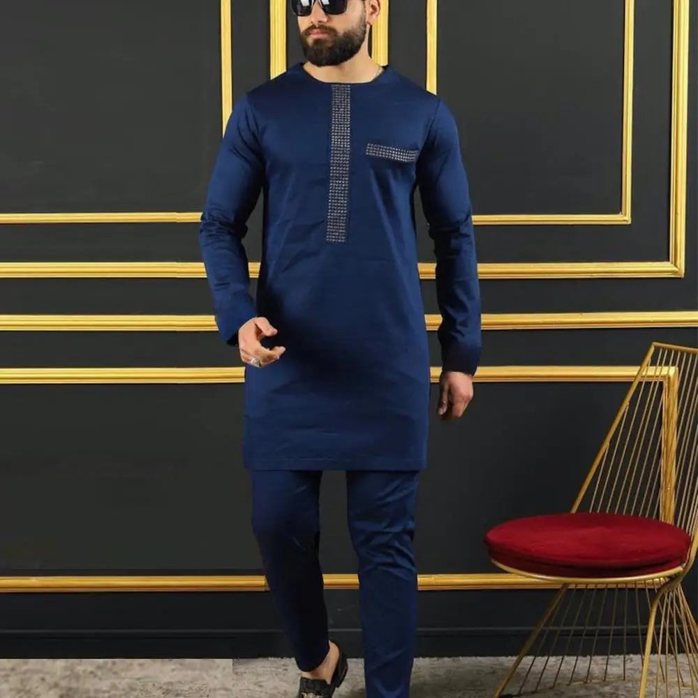 Amay New Kaunda Men's Set Fashionable and Elegant Men's Wedding Set Round Neck Long Sleeve Embroidered Men's Full Set Suit