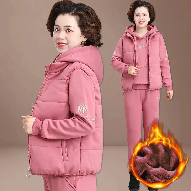 Winter Thick 3 Pieces Sets Vest Warm Outfit Loose Hooded Tracksuit High Waist Pant Suits Plush Lined Sweatshirts Woman Conjuntos