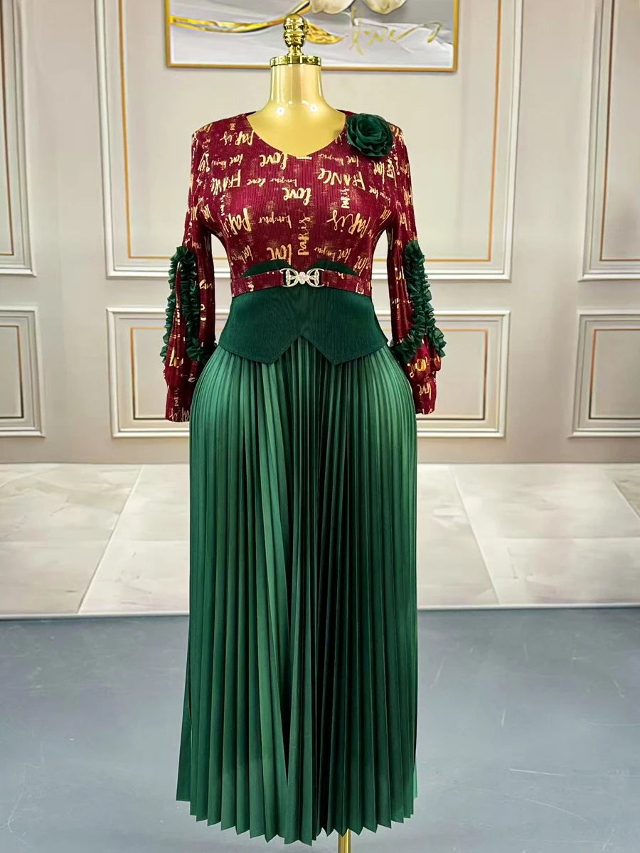Maxy Women's Evening Gala Long Sleeve Dresses Plus Size Clothes Elegant Party Gowns Female Luxury Prom Miyake Pleated Dresses