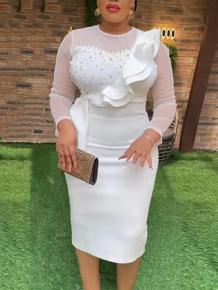 Amay Classy Women White Midi Bodycon Dress Beads Sheer Long Sleeve Sweetheart Ruffles Peplum Dresses for Wedding Guest Party Birthday