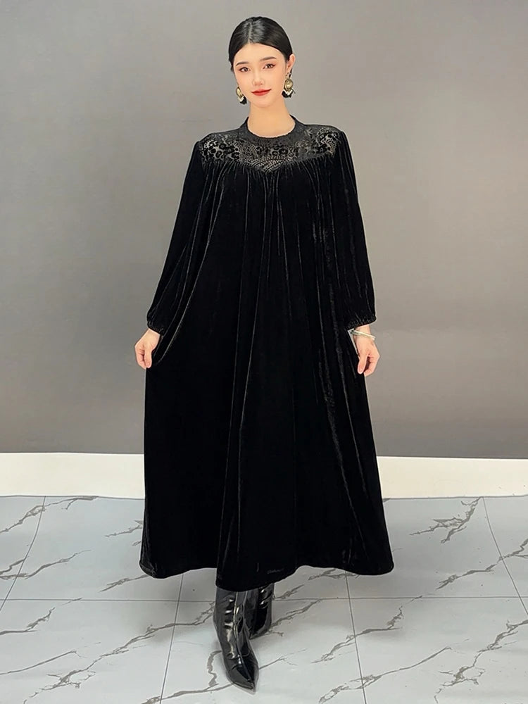 Maxy SHENGPALAE Velvet Print Long Dresses Women Round Collar Full Sleeve A Line Solid Color Wedding Party New Dress 5C1681