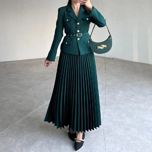 Maxy Women's Two Pieces Set Blazer Lady Pleated Long Dress Spring New in Matching Sets Button Temperament Elegant Women's Sets
