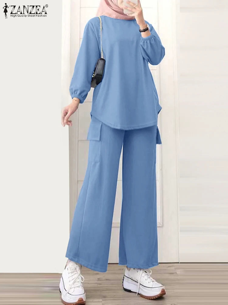 Maxy ZANZEA Two Piece Sets Summer Muslim Suit Women Casual Loose Matching Sets Turkey Duabi Tracksuits Islamic Clothing