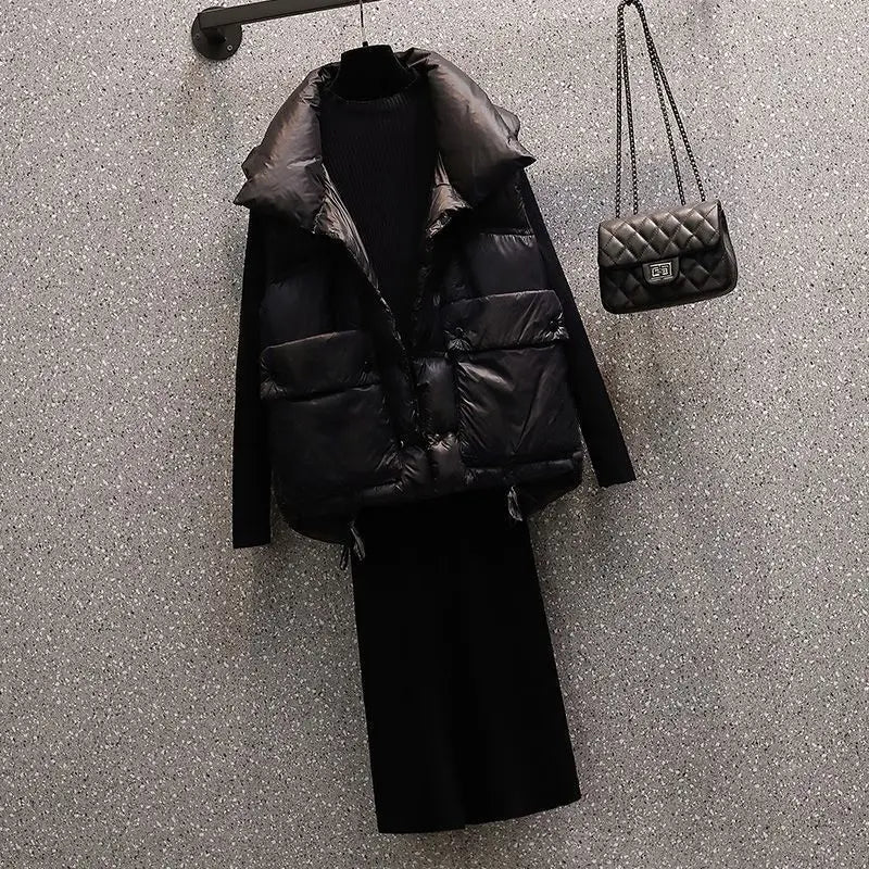 Maxy Autumn and Winter New Set Women's Korean Edition Fashion Age Reducing and Slimming Cotton Cloth Vest Woolen Dress Two Piece Set
