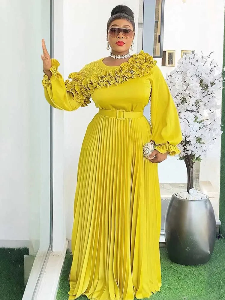 Maxy Woman Autumn Clothes Maxy Long Sleeve Dress with Belt Evening Birthday Elegant and Chic Pleated Dress Plus Size Party Dress
