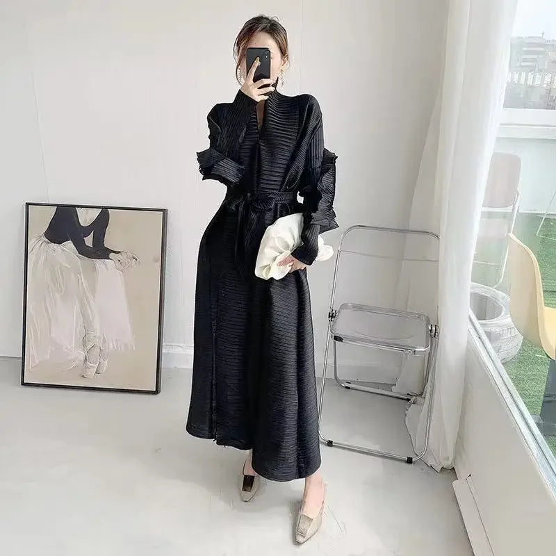 Babs Pleated Long Petal Sleeve Dress Lapel Cardigan Sashes Plus Size High Long Green Dress Winter Women Clothes