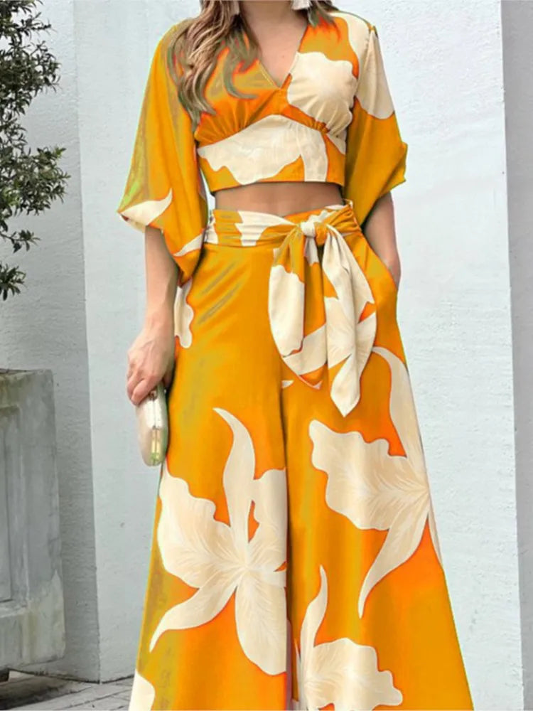 Maxy Vacation Beach Fashion Set Women's Fashion Spring V-neck Lantern Sleeve Top T-shirt Loose Sexy Lace Up Loose Pants Two Piece Set