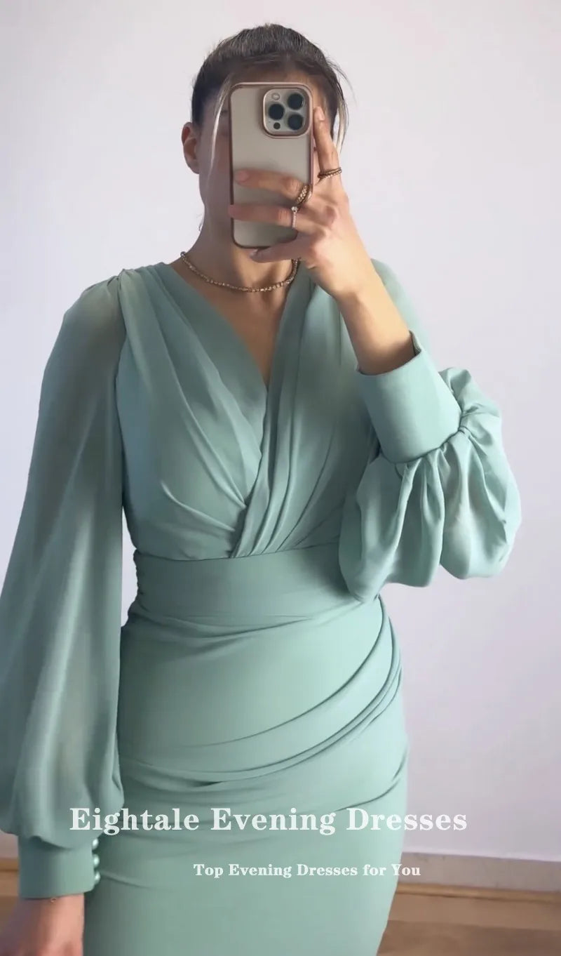 Maxy Eightale Arabic Evening Dress for Wedding Party Chiffon V-Neck Customized Long Sleeve Mermaid Pleats Prom Gowns Celebrity Dress
