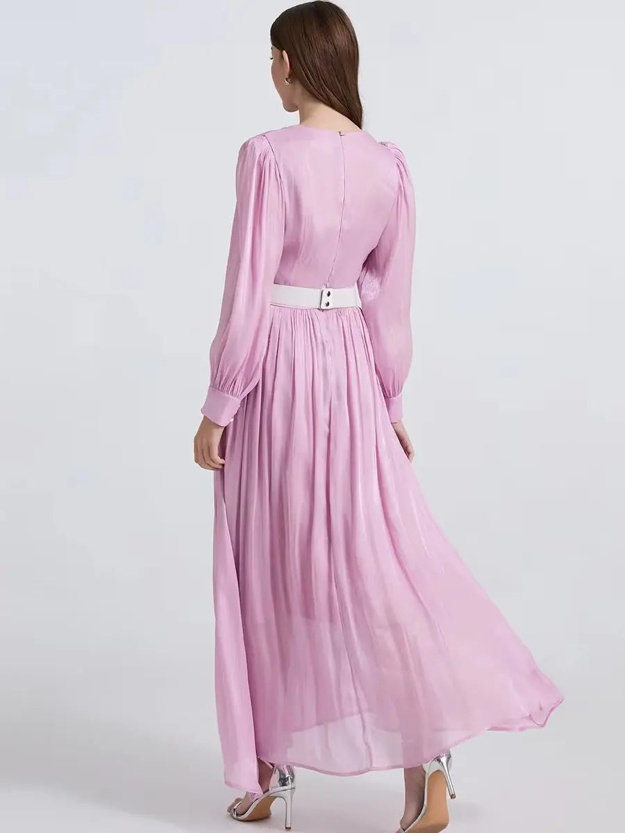 Maxy Solid Beaded Diamonds Ruffle Chiffon Satin Dress for Women‘s V-Neck Long Puff Sleeve Long Maxy Dress Evening Party Robes Femme