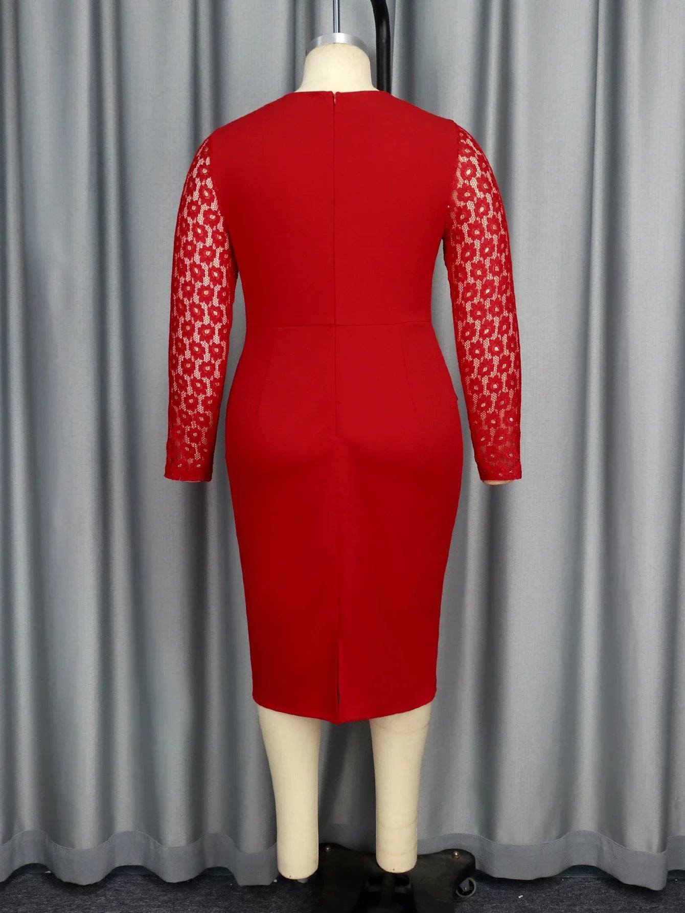 Stylish Women Red Lace Bodycon Dress O Neck Beading Long Sleeve Patchwork Sheath Wedding Guest Prom Banquet Gowns Plus Size 4XL