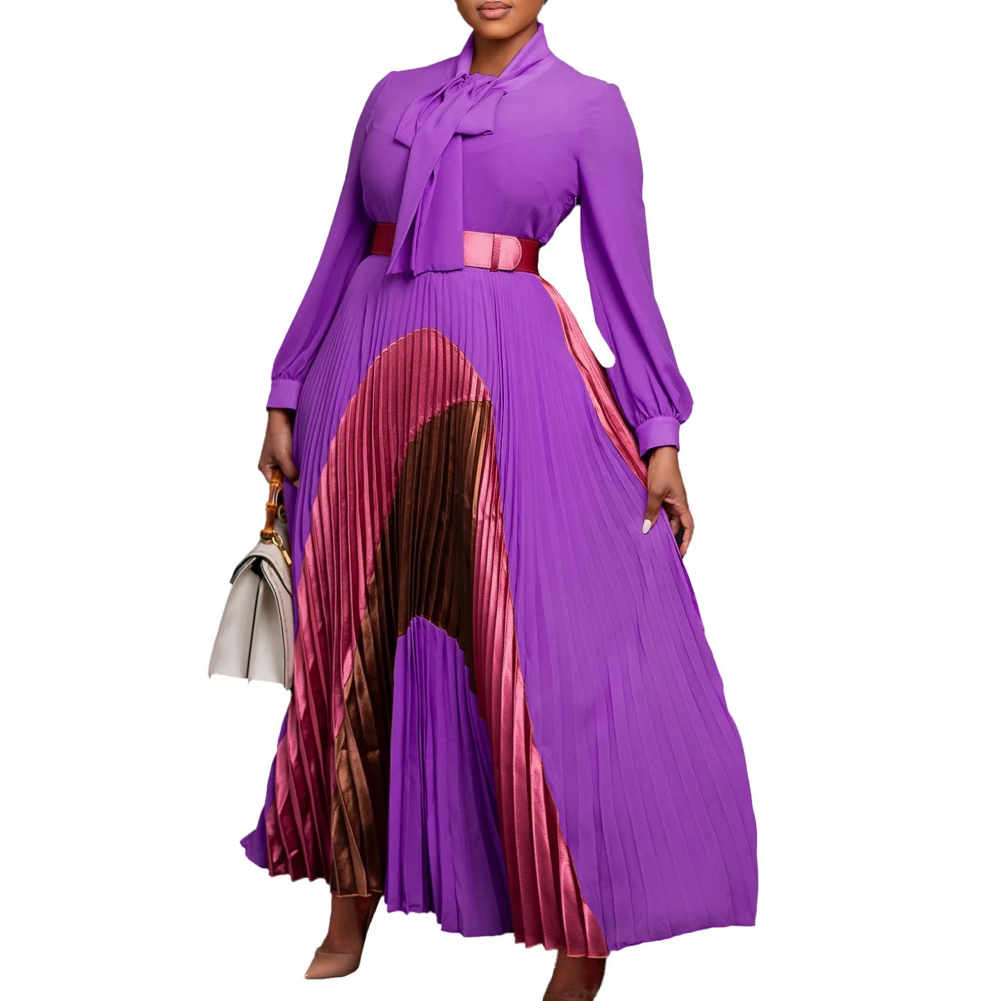Amay Clothes for Women Elegant Pleated Bow Collar Maxy Dress and Belt Africa Clothing Robe Femme Spring