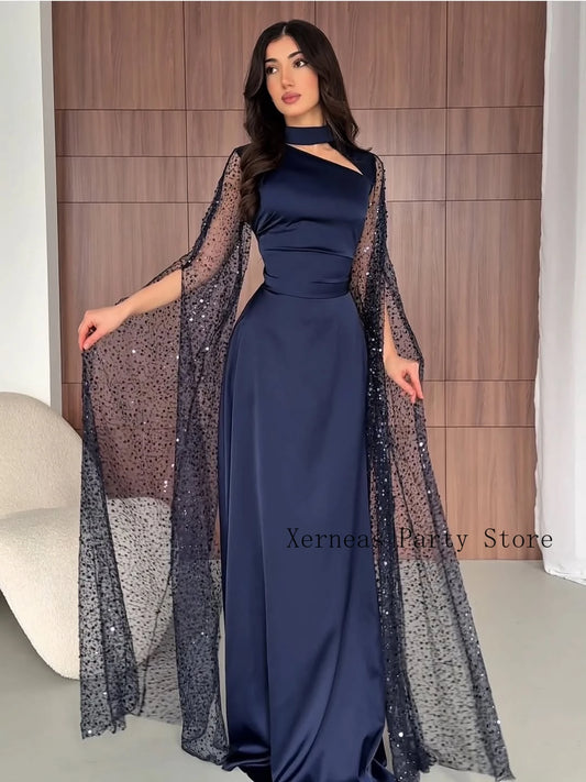 Maxy Sexy Satin Evening Dresses with Beaded Cloak Navy Luxury Party Dress for Women Prom Pageant Formal Elegant Gowns