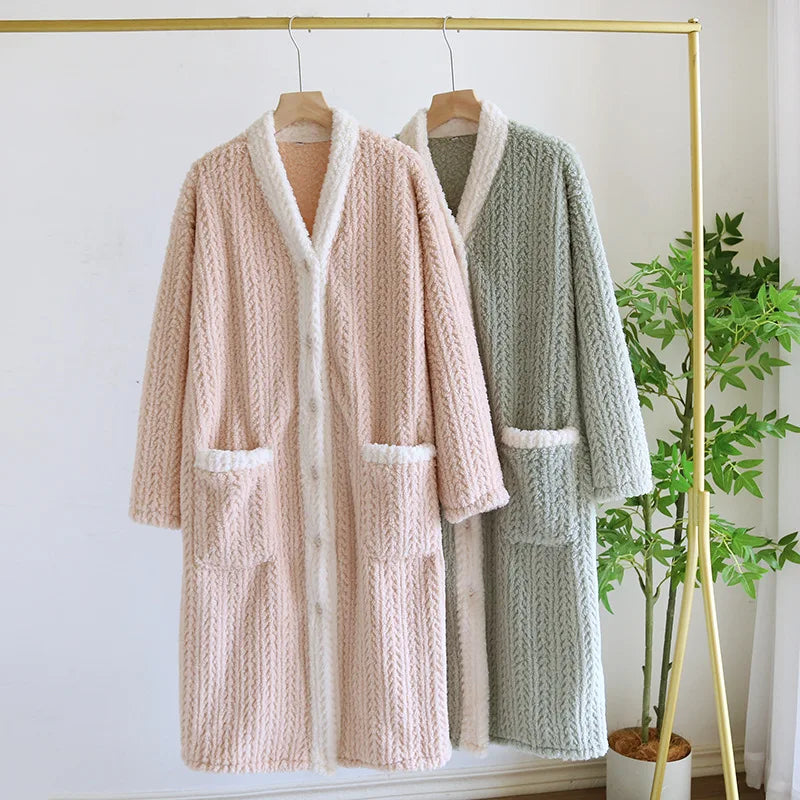 Maxy New Autumn and Winter Women's Nightgown Fleece Sweet and Cute Bathrobe Women's Nightdress V-neck Collar Button Home Dress