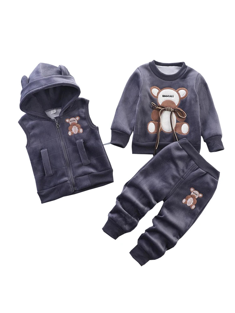 Winter Warm Velvet Plush Hooded Vest+Sweater+Pants 3Pcs Suit Cartoon Bear Kids Toddler Set Boys Girls Autumn Casual Clothes New