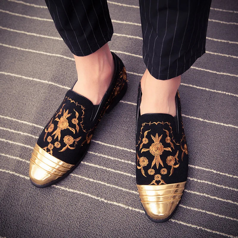 Amay New Fashion Gold Top and Metal Toe Men Velvet Dress shoes italian mens dress shoes Handmade Loafers Party Flats Zapatos