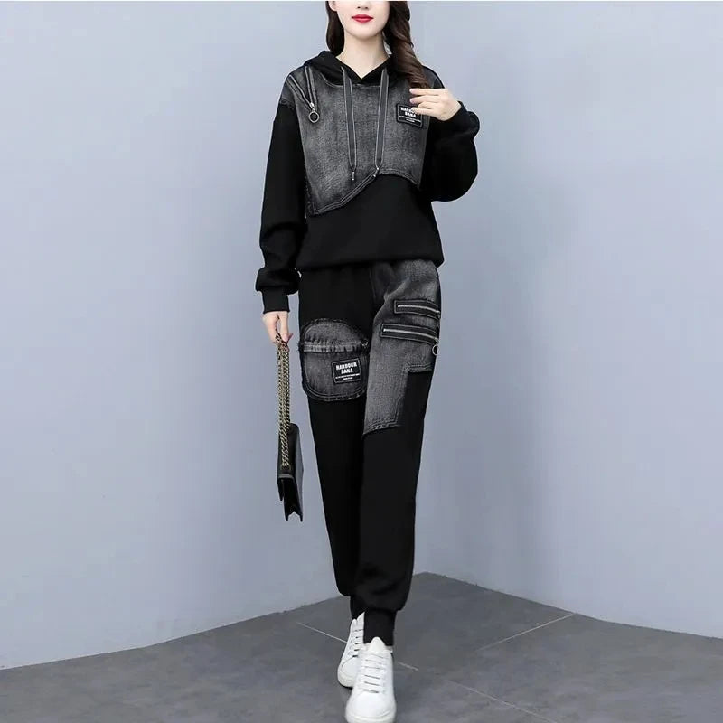 Babs Sportswear Set Women Spring and Autumn Fashion and Westernization Casual Slim Denim Sweatershirt Two Piece Suits Female