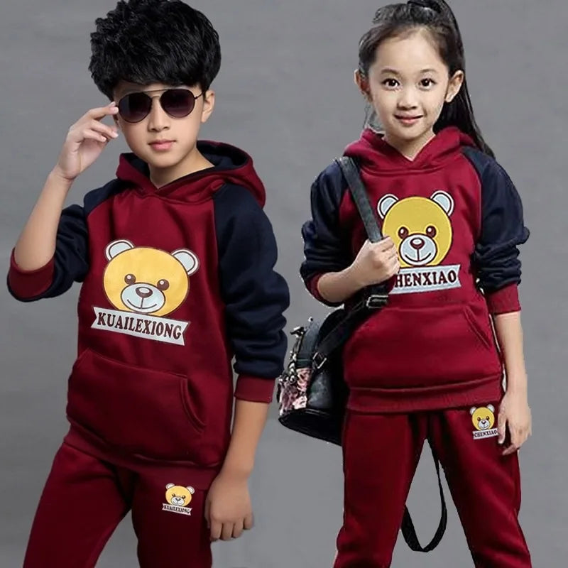 Maxy 2024 Autumn winter Boys girls tracksuit Toddler Teenager Clothes letter bear velvet hooded + Pant Children Kid 8 9 10 11 12 year