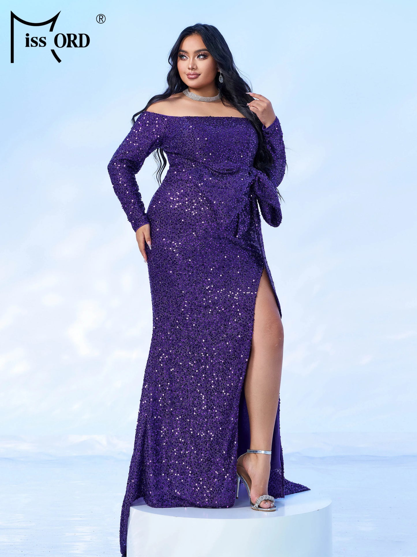 Maxy Plus Size Off Shoulder Long Sleeved Sequin Split Evening Gown Wedding Birthday Party Large Size Floor Length Dress