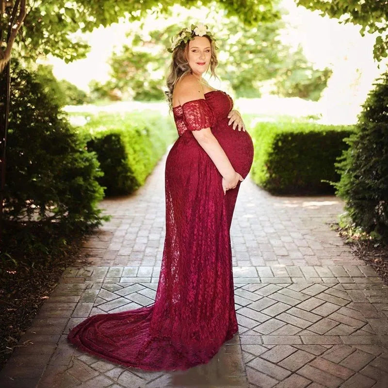 Maxy Pregnant Women Off Shoulder Ruffle Sleeve Lace Maternity Gown Maxi Photography Dress Elegant Pregnancy Dresses for Photo Shoot