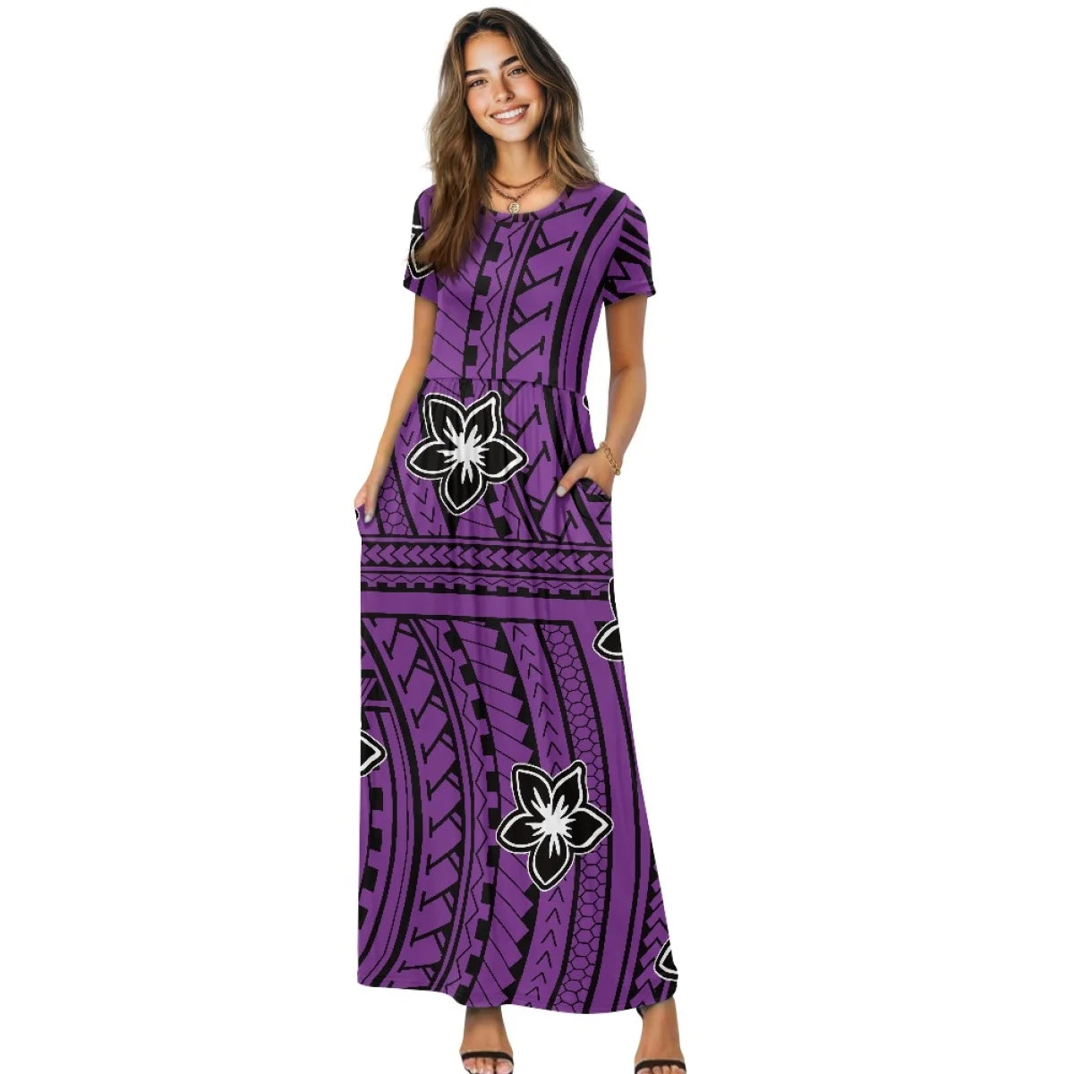 Maxy New Plumeria Style Short Sleeve Pleated Casual Dress Polynesian Loose Pocket Long Dress Women's Casual Comfortable