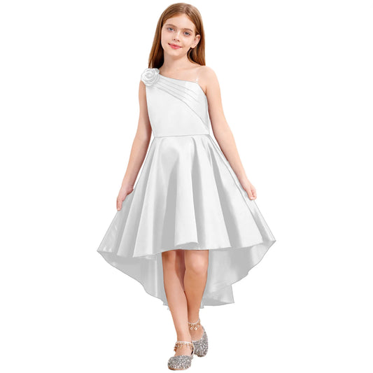 Maxy Princess Kids Flower Girls Elegant Wedding Party Dress One Shoulder Irregular Hemline Dresses Pageant Evening Birthday Banquet Prom Gown