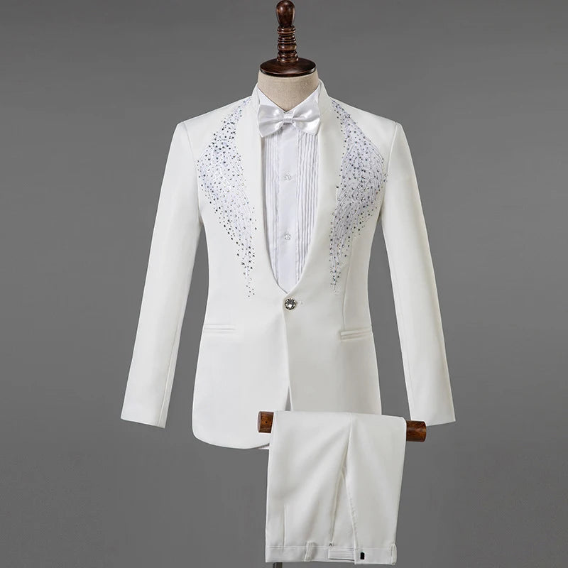 Amay Royal Blue Sequin Embroidery Suit Men Wedding Groom Tuxedo Suits Pants Mens One Button Peak Lapel Stage Costume Traje Hombre 2XL