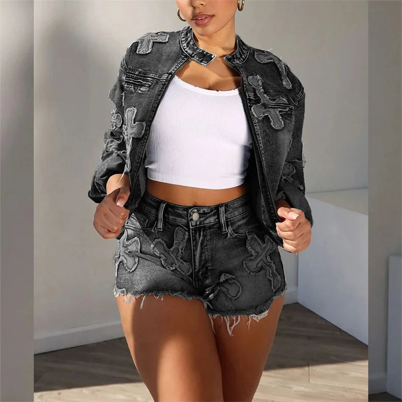 Zay Women Vintage Embroidery Cross Two Piece Sets Zipper Cardigan Button Splice O Neck Short Jacket Female Denim Suits Tassel Shorts