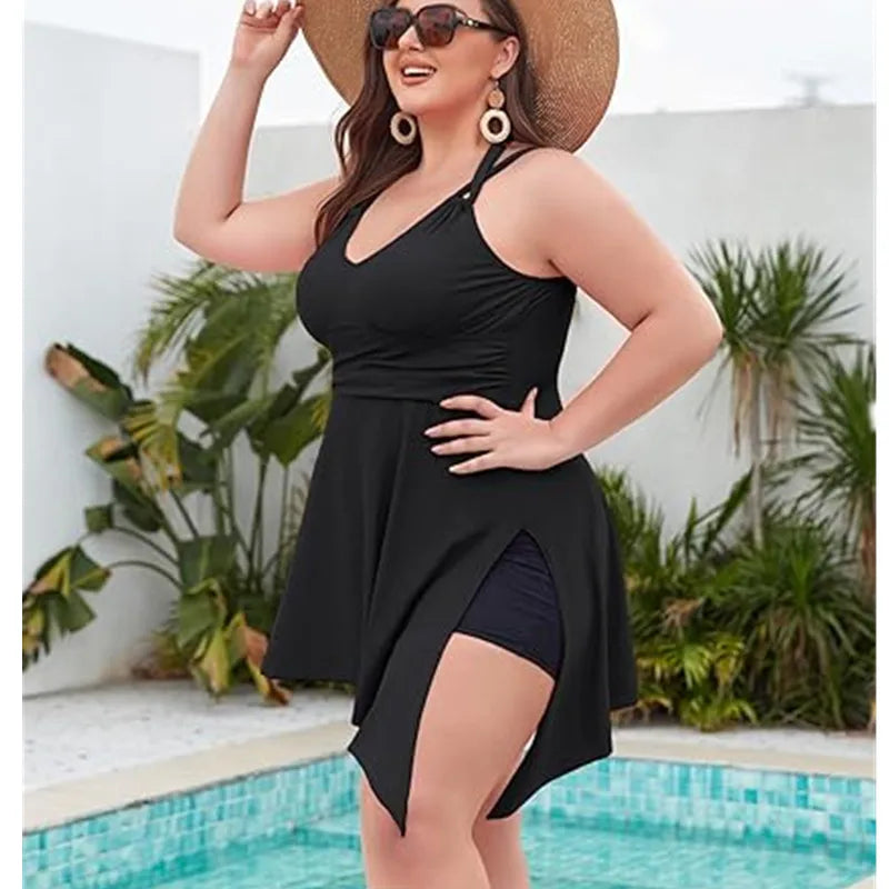 Maxy Women Plus Size Swimwear Two Piece Black Tankini Swim dress V Neck Halter Floral Asymmetrical Hem Skirted Swimsuits with Boyshort