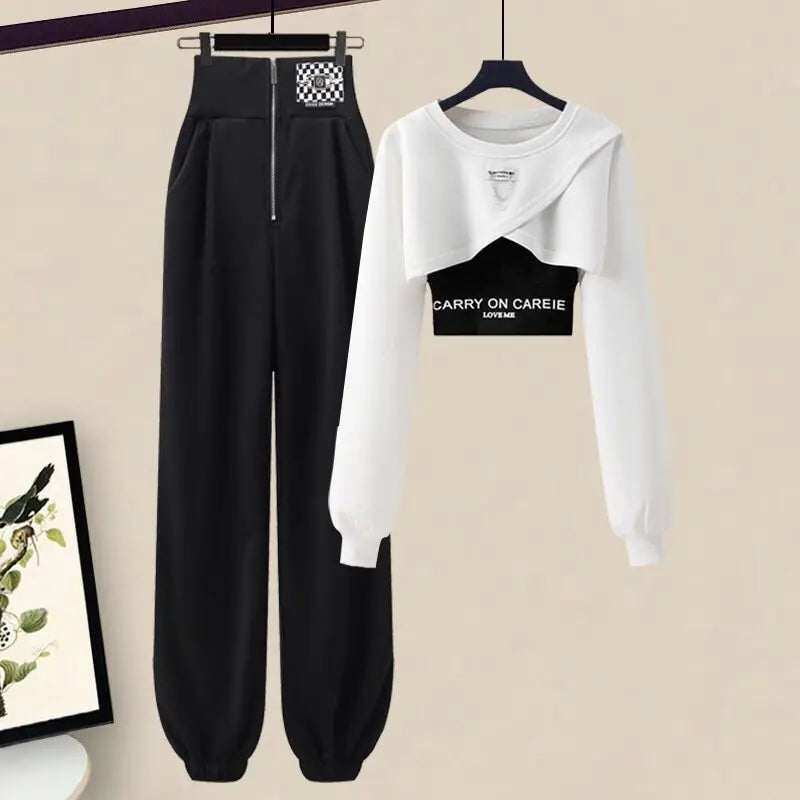Maxy Korean Elegant Sportswear Suit Women's Spring Autumn Fashion Short Sweater+Suspenders+Pants Three Piece Female Tracksuit Set