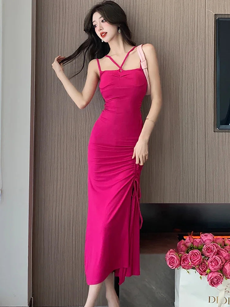 Maxy Women Fashion Chic Sling Sexy Dress Summer Korean Luxury Eveing Dress New Rose Red Elegant Bodycon Bandage Slit Long Dress