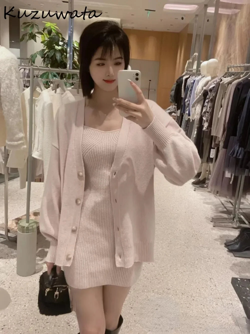 Maxy New Slim Fit Knit Elegant Sets Dress+v Neck Single Breasted Lantern Sleeve Cardigan Japan Spring Casual Suits Robe