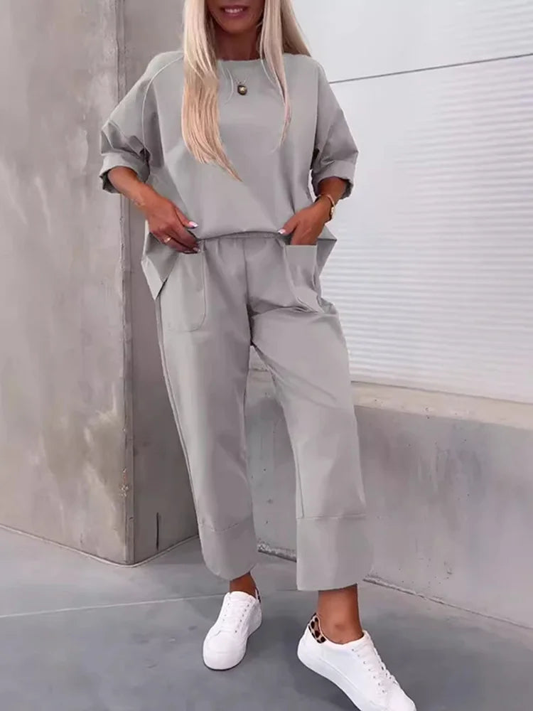 Maxy Elegant Casual Solid Two-pieces Set Spring Autumn Office Pockets Long Pant Outfits Female Casual Street Tracksuit Clothing Suit